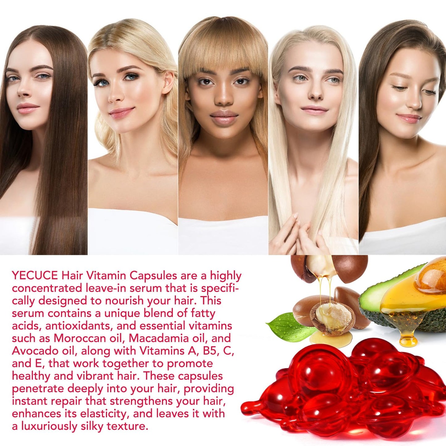 ZyranovaE Hair Vitamin Serum Oil Capsule,Hair Treatment Serum with Vitamins A C E Pro B5 and Argan Macadamia Avocado Oils,No Rinse,and Safe for All Hair,For Men & Women(60PC)