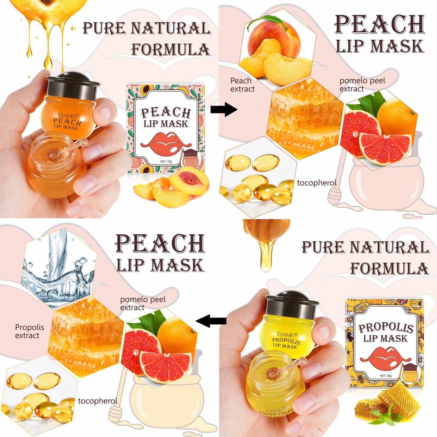 GEEWHILE Lip Sleeping Mask Moisturizing Lip Mask Skincare Lip Balm Set, 2 Pcs Peach+Honey Bee Balm Lip Mask for Day&Night Lip Care, Lighten Dark Lip Color Reduce Lip Lines, Repair,Prevent Dry Crack