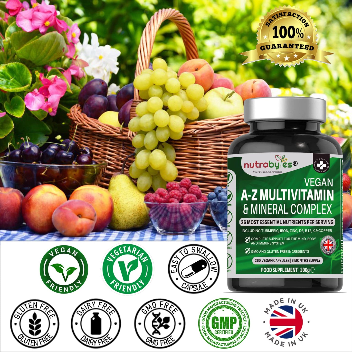 Nutrabytes Vegan Multivitamin and Mineral Complex, 360 Vegan Multivitamin Capsules for Women and Men, 26 Essential Vitamins and Minerals, Natural, 100% Plant Based, Made in UK