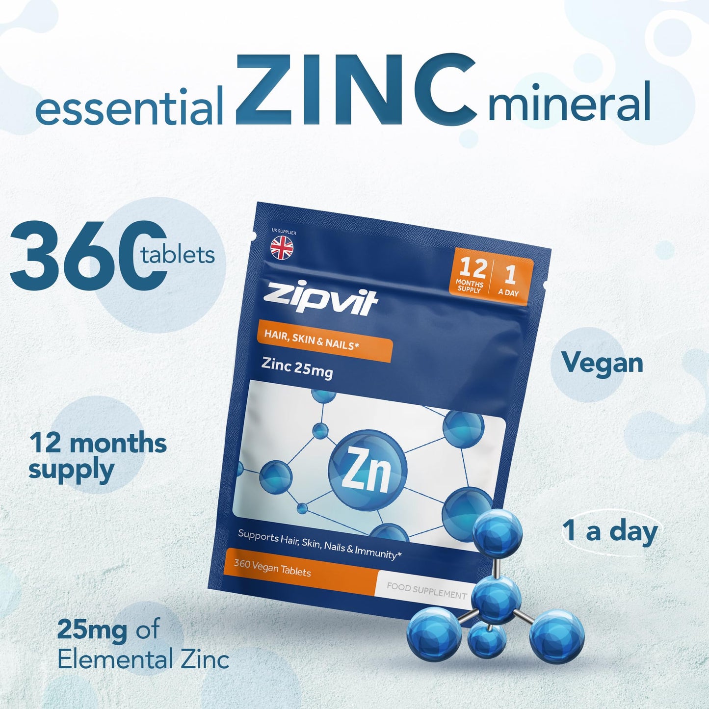 Zipvit Zinc 25mg Pouch, 12 Months Supply, Recommended Dose Zinc Supplement, Supports Hair, Skin, Nails, Bones & Vision, Promotes Immunity, Fertility & Reproduction for Men & Women, 360 Vegan Tablets