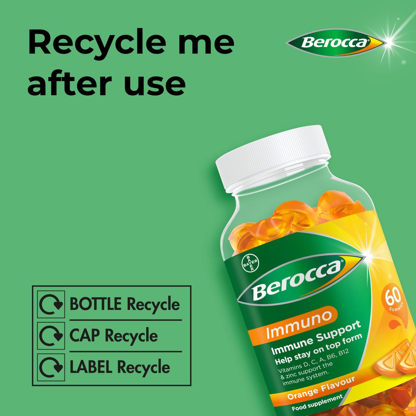 Berocca Immuno Multivitamin Gummies - Immune System Support including Vitamin D, C, A, B-Complex (B6, B7, B12), E and Zinc - Supplement for women, men and kids - 60 Gummies - Orange Flavour