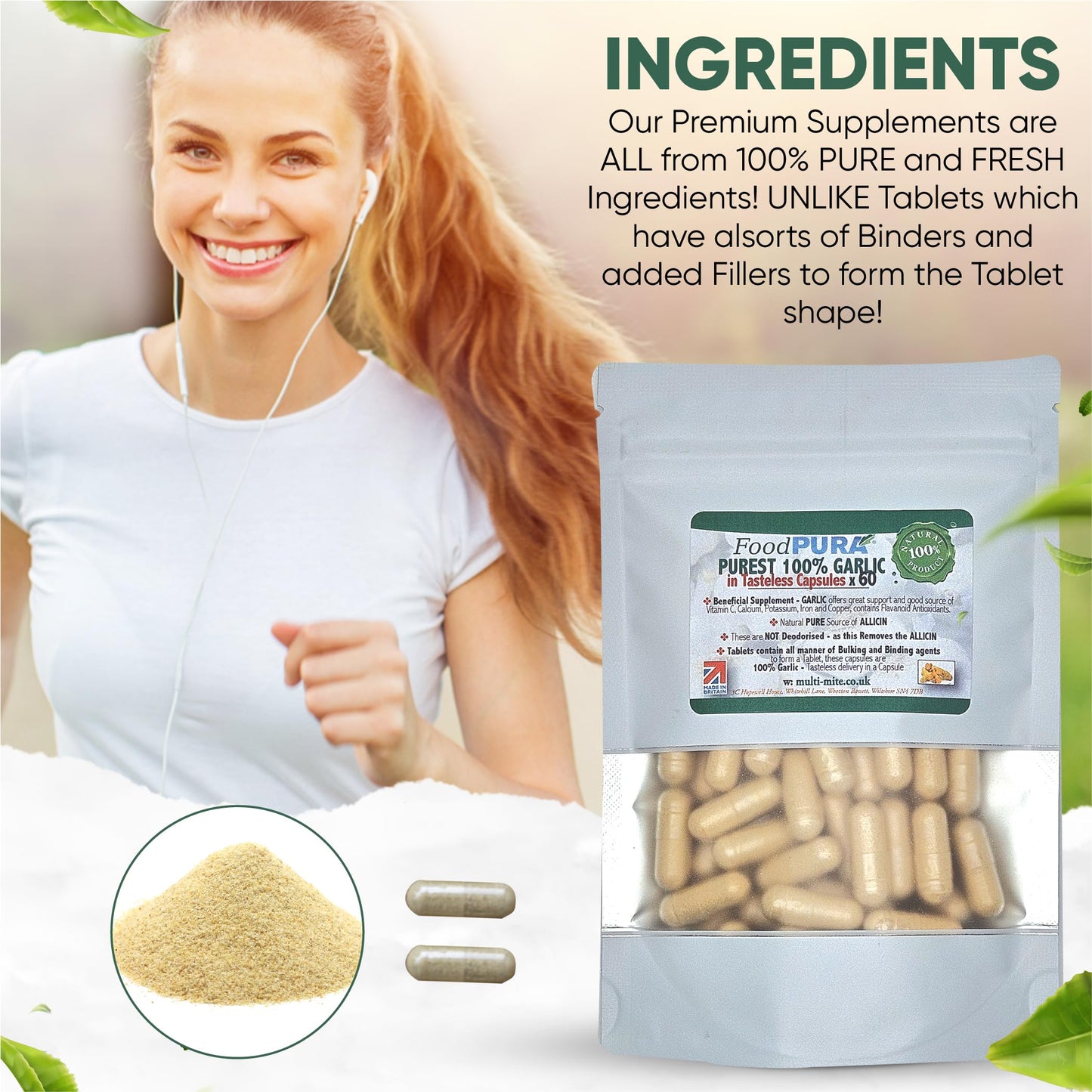 FoodPURA Pure Garlic Capsules Recommended Daily Strength 1000mg HACCP Certified, Manufactured in The UK by FoodPURA 1 Pack of 60 Capsules