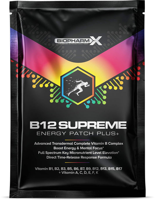Biopharm-X Vitamin B12 1200mcg Supreme Energy Patch + Vitamins B1, B2, B3, B5, B6, B7, B8, B9 (1 Month Supply / 30 Patches) Premium Grade & High Strength B Complex Vitamin Patch
