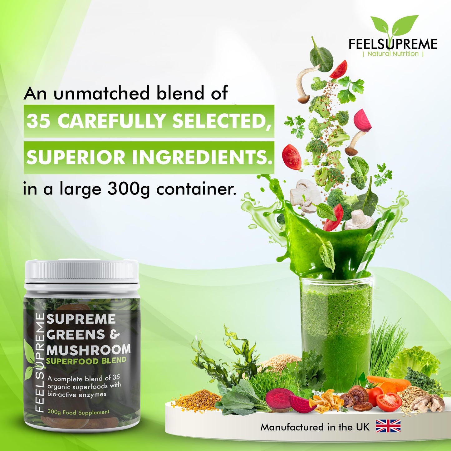 Super Greens Powder with Mushroom Large 300g 35 Nutrient Dense Superfoods 100% Natural No Added Sugar Naturally High in Fibre Protein & Vitamin C Spirulina Turmeric Wheatgrass