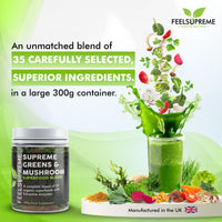 Super Greens Powder with Mushroom Large 300g 35 Nutrient Dense Superfoods 100% Natural No Added Sugar Naturally High in Fibre Protein & Vitamin C Spirulina Turmeric Wheatgrass