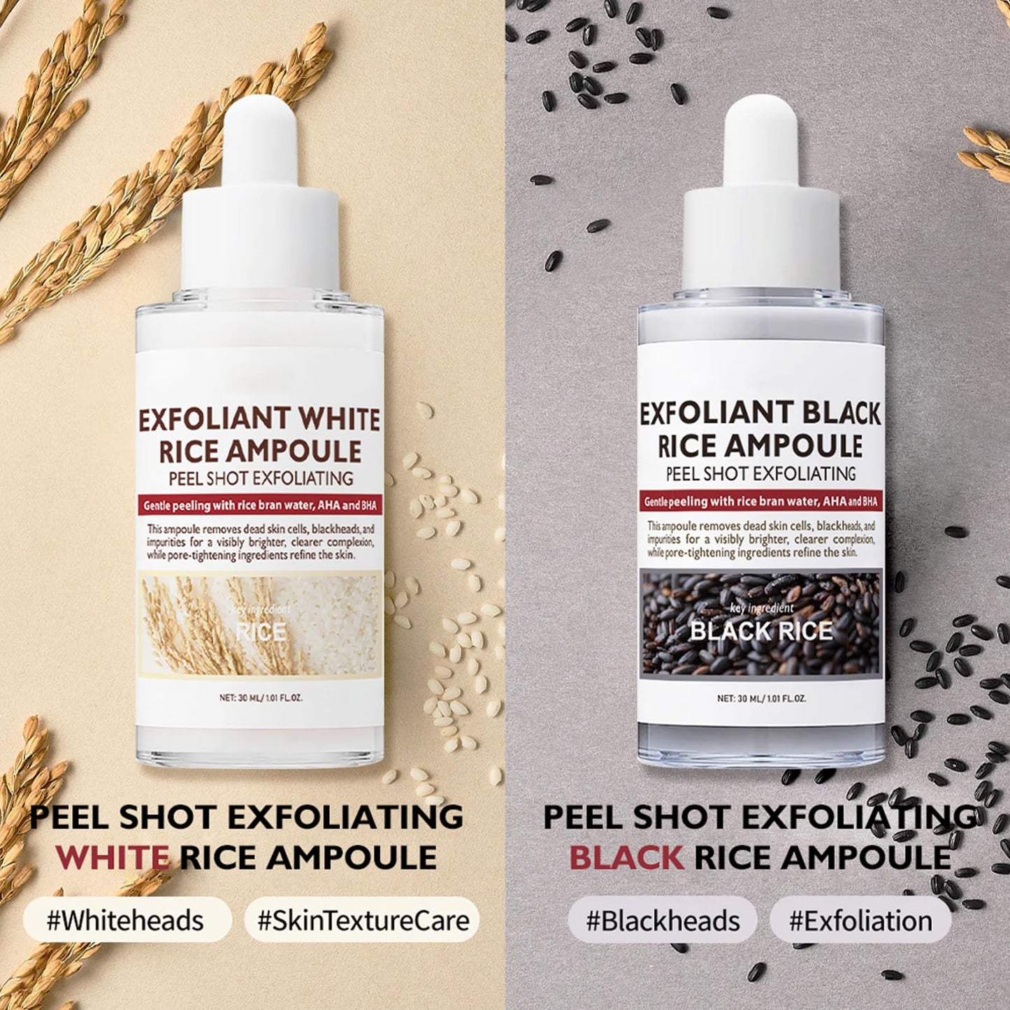 Black and White Rice Exfoliant, 2PC Peel Shot Glow Rice Ampoule Duo White Rice + Black Rice Ampoule, Face Body Exfoliator Dead Skin Remover for All Skin Types(30ML&30ML)