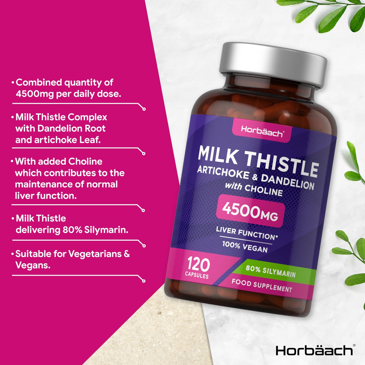 Milk Thistle Capsules 4500mg | 80% Silymarin | Hisht Strength Complex with Artichoke, Dandelion and Choline | 120 Capsules | 100% Vegan Supplement | by Horbaach