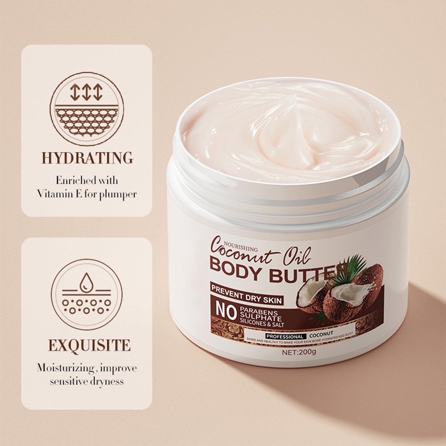 EliiSkinn Coconut Body Butter 200g – Intense Moisturizer for Dry Skin, Enriched with Coconut Oil. Deeply Nourishes, Soothes, and Hydrates for Silky Smooth Skin. Daily Skin Care Routine,Create Silky Skin