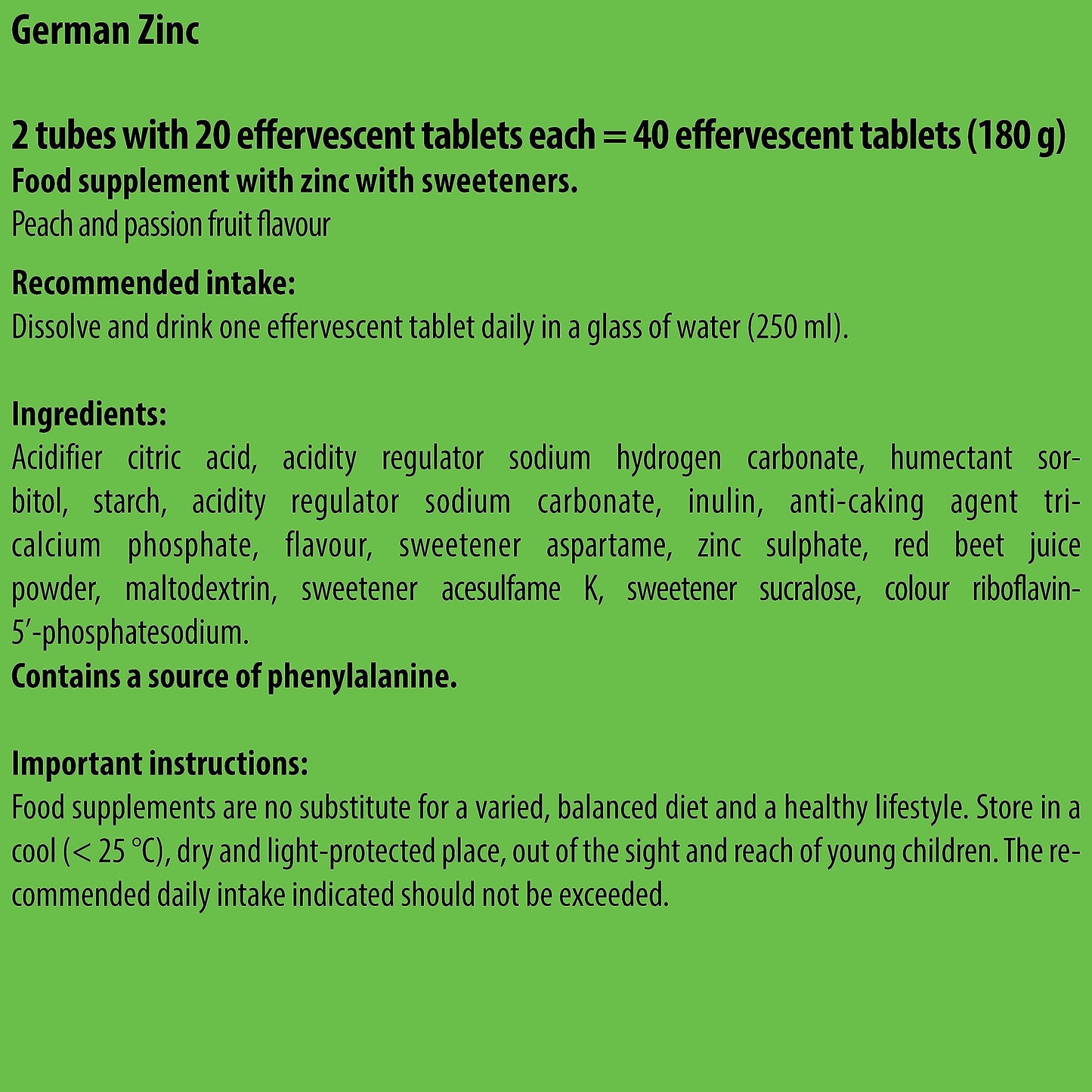 Zinc 5 mg - 2 x 20 effervescent Tablets - Peach and Passion Fruit Flavor - T&D Pharma German Magnesium - Made in Germany