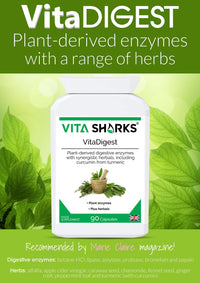 Vita Sharks VitaDigest Vegan 90 Capsules. Natural Gut Soothing Digestive Enzymes, Curcumin & Turmeric; for Gut Cleansing, Immunity & to Combat Bloating, Bowel & Digestion Issues