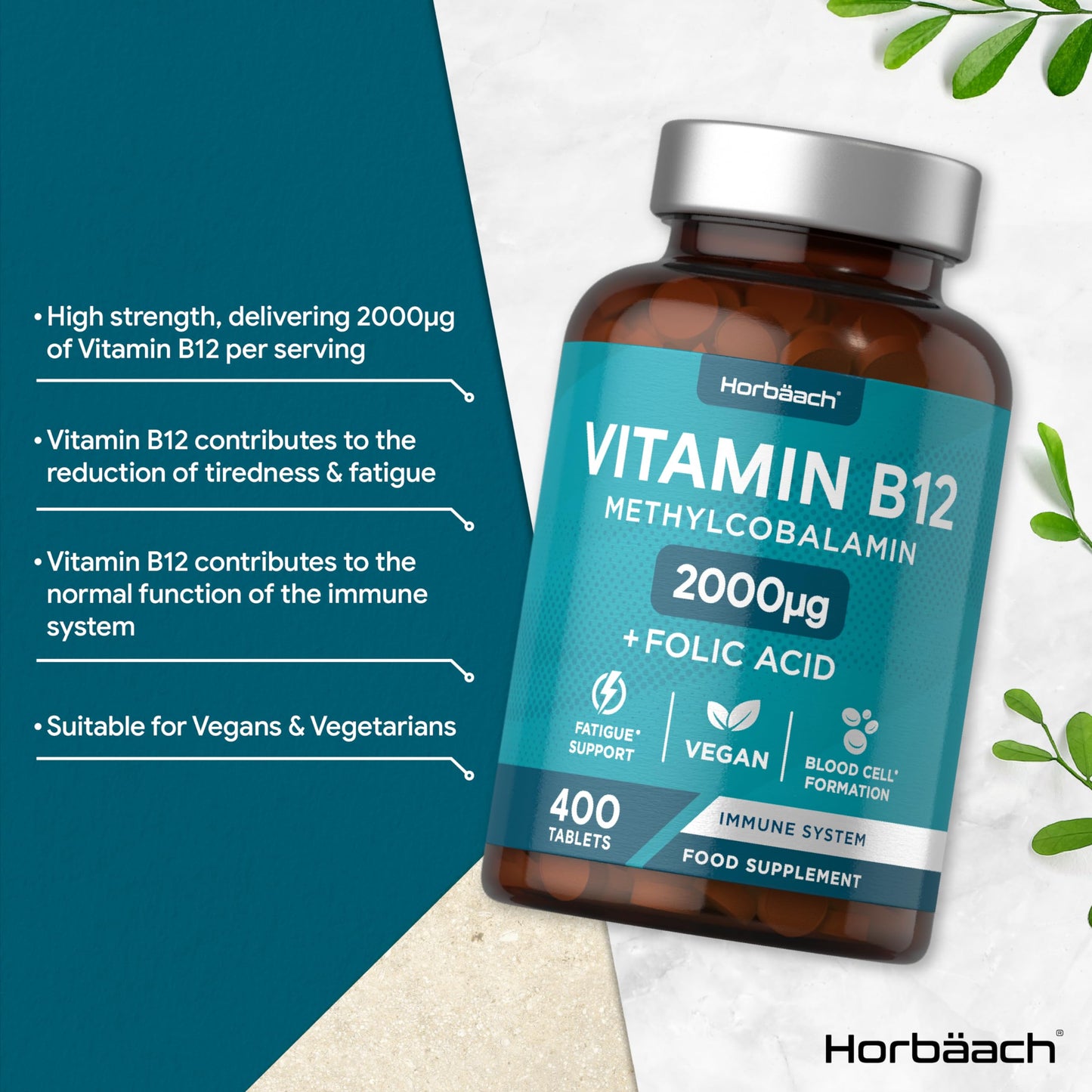 Vitamin B12 Tablets | 2000mcg | 400 Vegan Tablets | High Strength Supplement | Complex Formula with Folic Acid | by Horbaach