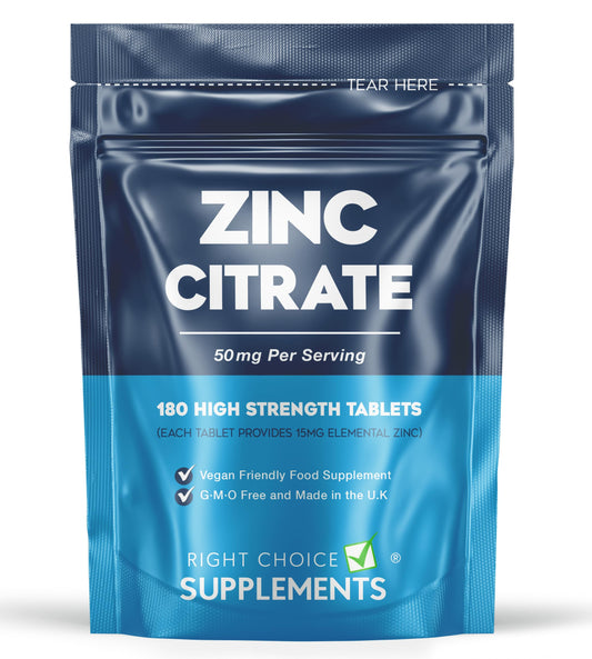 Right Choice Supplements Zinc Citrate 50mg Tablets – 180 High Strength Vegan Tablets (6 Months Supply) – Highly Absorbable Zinc Supplements for Maintenance of Normal Immune System, Bones, Hair, Skin & Nails – Made in UK