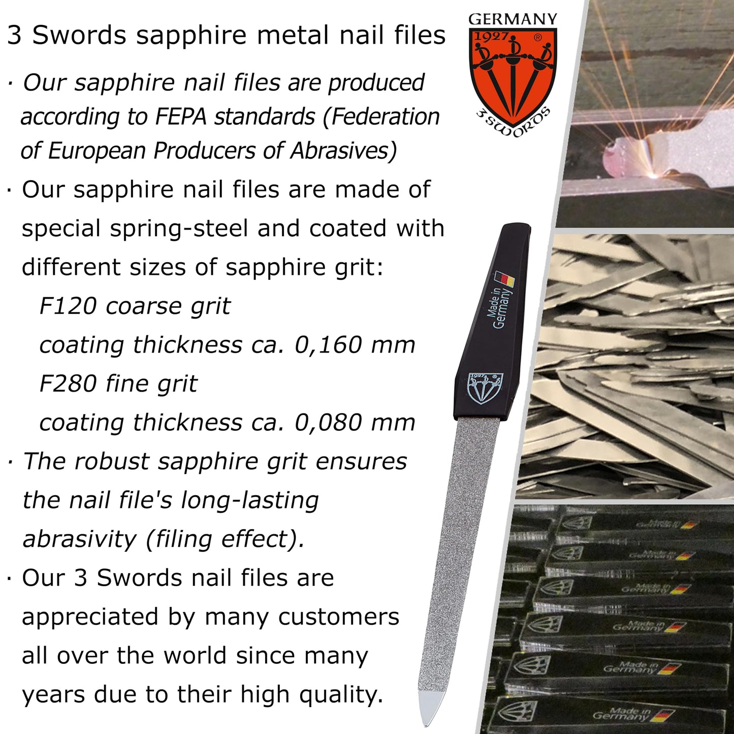 3 Swords Germany - Sapphire Metal Nail File 2 Pieces with 1 Piece 3-Way Nail Buffer – Nail Care for You Made in Germany