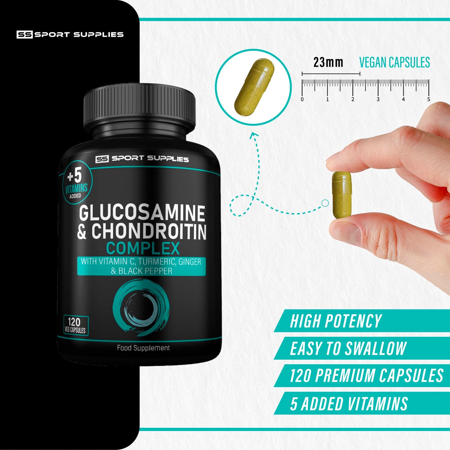 Glucosamine and Chondroitin High Strength Plus 5 Vitamins - 120 Complex Capsules 1,000mg (Providing 530mg Base) - Chondroitin 200mg - Added Turmeric, Ginger, Black Pepper, Vitamin C, B6, B1, D3 & B12