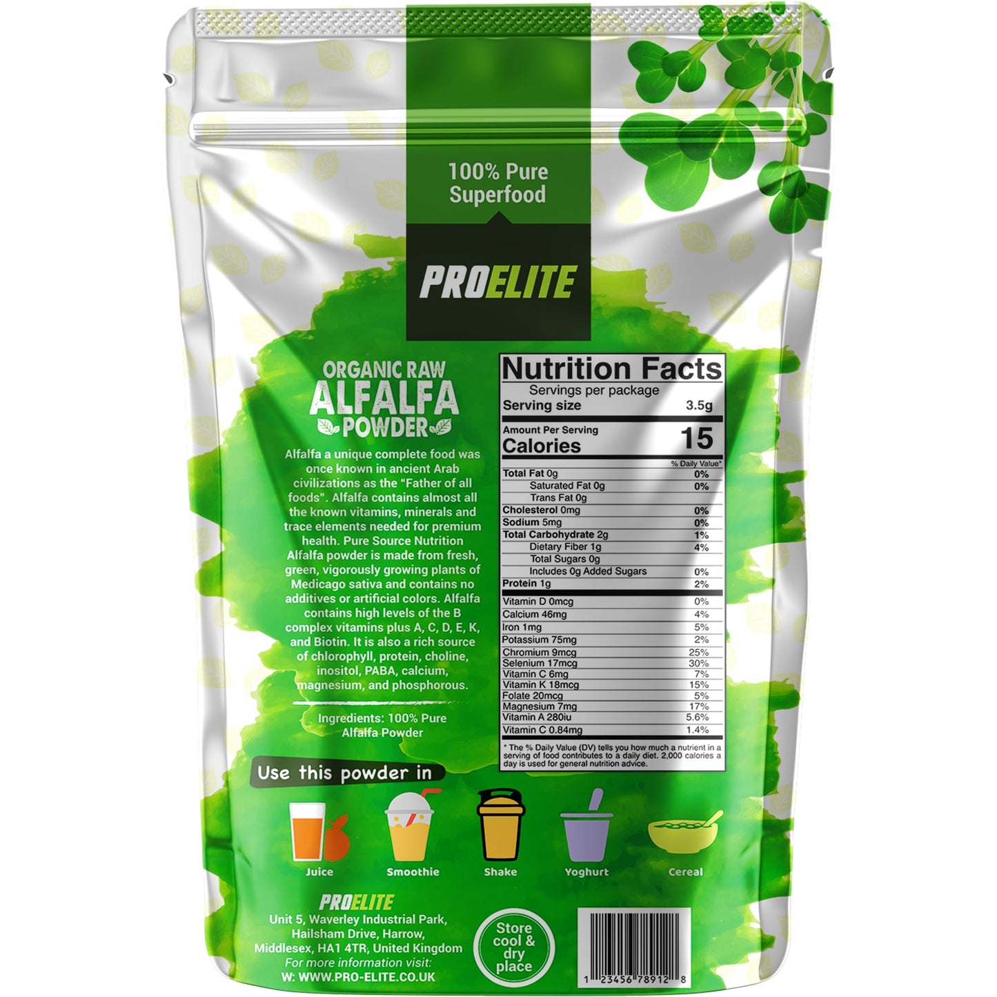 Organic Alfalfa Powder 500g Support Energy and Stress, Vegan Keto Green Superfood Supergreen Raw Natural Alfalfa Powder Juice Shots PROELITE
