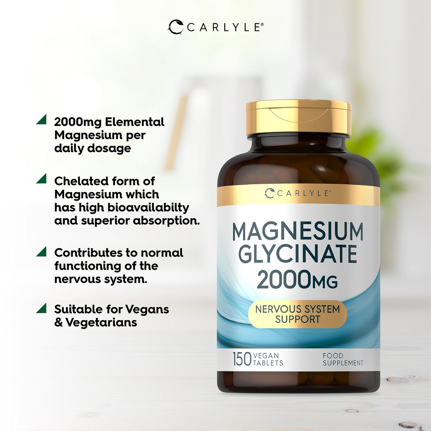 Magnesium Glycinate Supplements | 2000mg High Strength Magnesium Bisglycinate | 150 Vegan Tablets | by Carlyle
