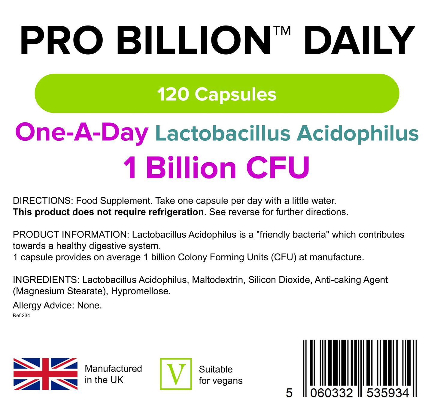 Lindens Pro Billion Daily - Acidophilus Lactobacillus - 120 Capsules - 1 Billion CFU Friendly Bacteria - Supports Digestive Health - UK Made - Vegan Friendly - GMP & Letterbox Friendly
