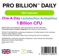 Lindens Pro Billion Daily - Acidophilus Lactobacillus - 120 Capsules - 1 Billion CFU Friendly Bacteria - Supports Digestive Health - UK Made - Vegan Friendly - GMP & Letterbox Friendly
