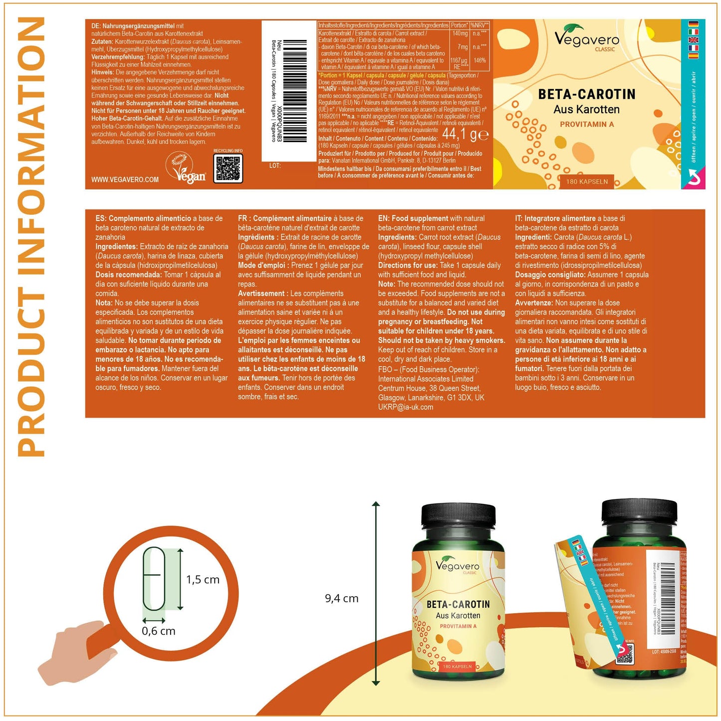 Beta Carotene Vegavero® | 180 Capsules | Tan Accelerator | 100% Natural Source of Vitamin A | NO Additives, Lab-Tested | Vegan
