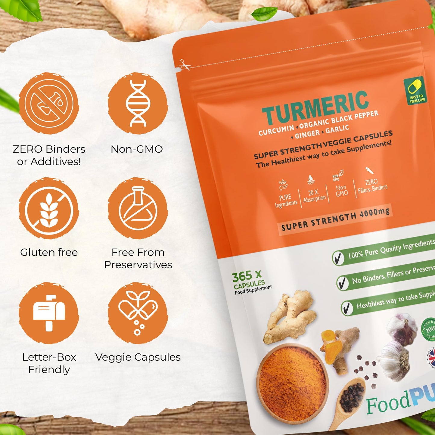 FoodPURA 365 x 4000mg Turmeric (Curcumin), Ginger, Garlic & Organic Black Pepper Capsules HACCP Certified, Manufactured in The UK by FoodPURA (365)