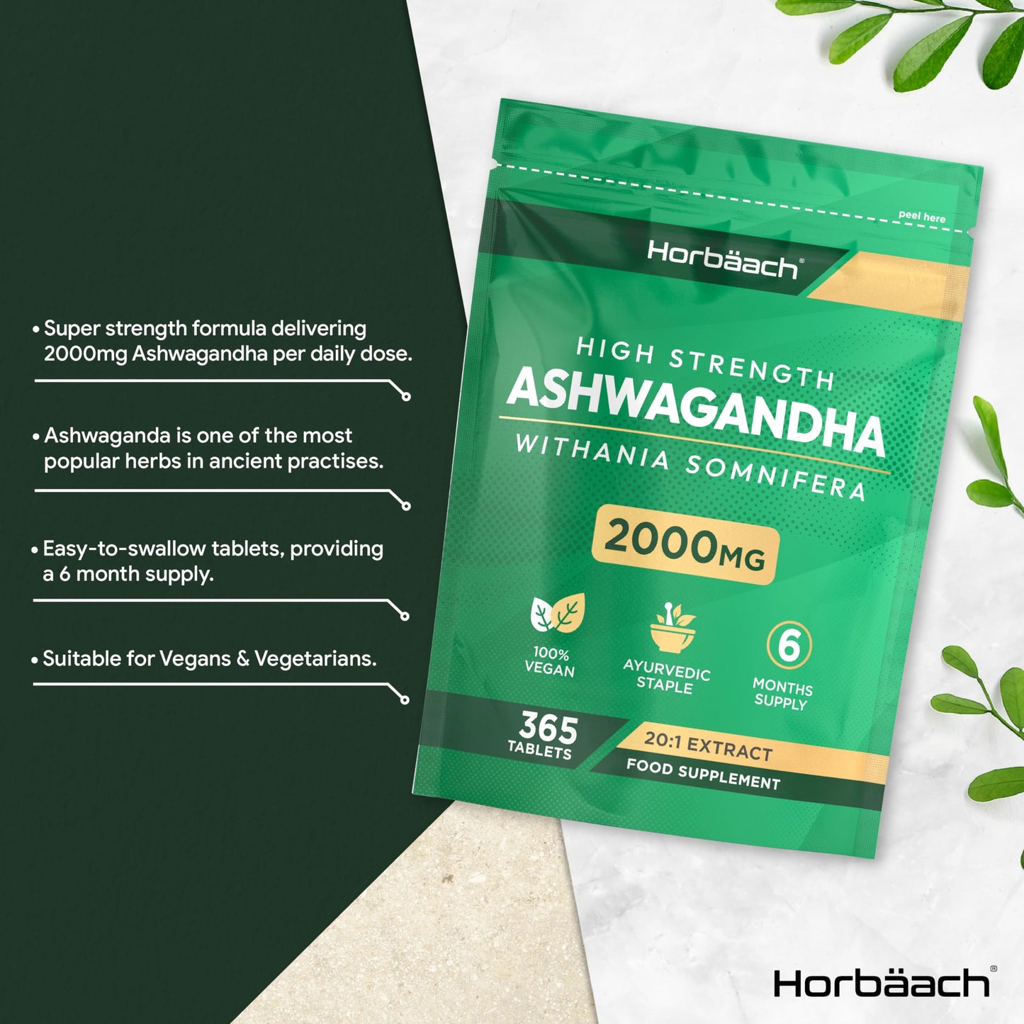 Ashwagandha Tablets | High Strength 2000mg Ashwagandha Root | Suitable for Men & Women | 365 Vegan Tablets | by Horbaach