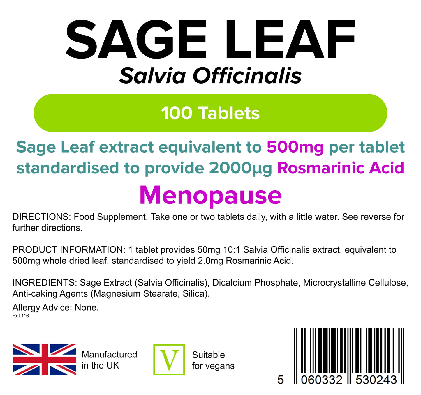Lindens Sage Leaf Extract 500mg Tablets - 100 Pack - Equivalent to 500mg Dried Leaf Per Tablet - Standardised to Yield 2mg Rosmarinic Acid - UK Manufacturer, Letterbox Friendly