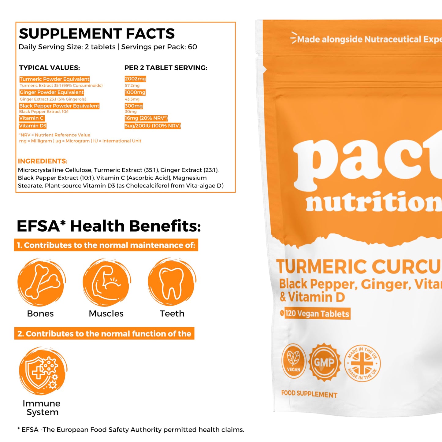 Turmeric Tablets 2000mg with Black Pepper, Ginger, Curcumin (95% Curcuminoids), Vitamin D3 & Vitamin C - Herbal Vegan Supplement - 120 Easy to Swallow Pills - Made in The UK - Pact Nutrition