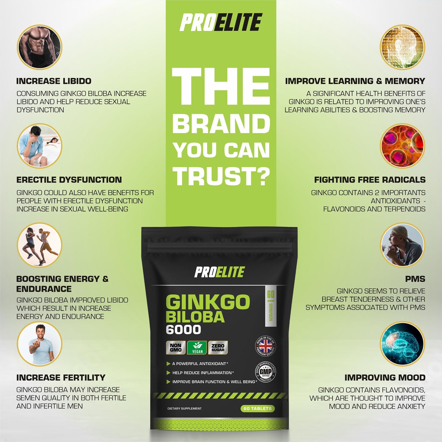 Ginkgo Biloba 6000mg - High Strength Vegan Ginkgo Biloba Leaf Extract 60 Tablets 50:1 Extract � Gluten Free, GMO Free - Made in UK by PROELITE