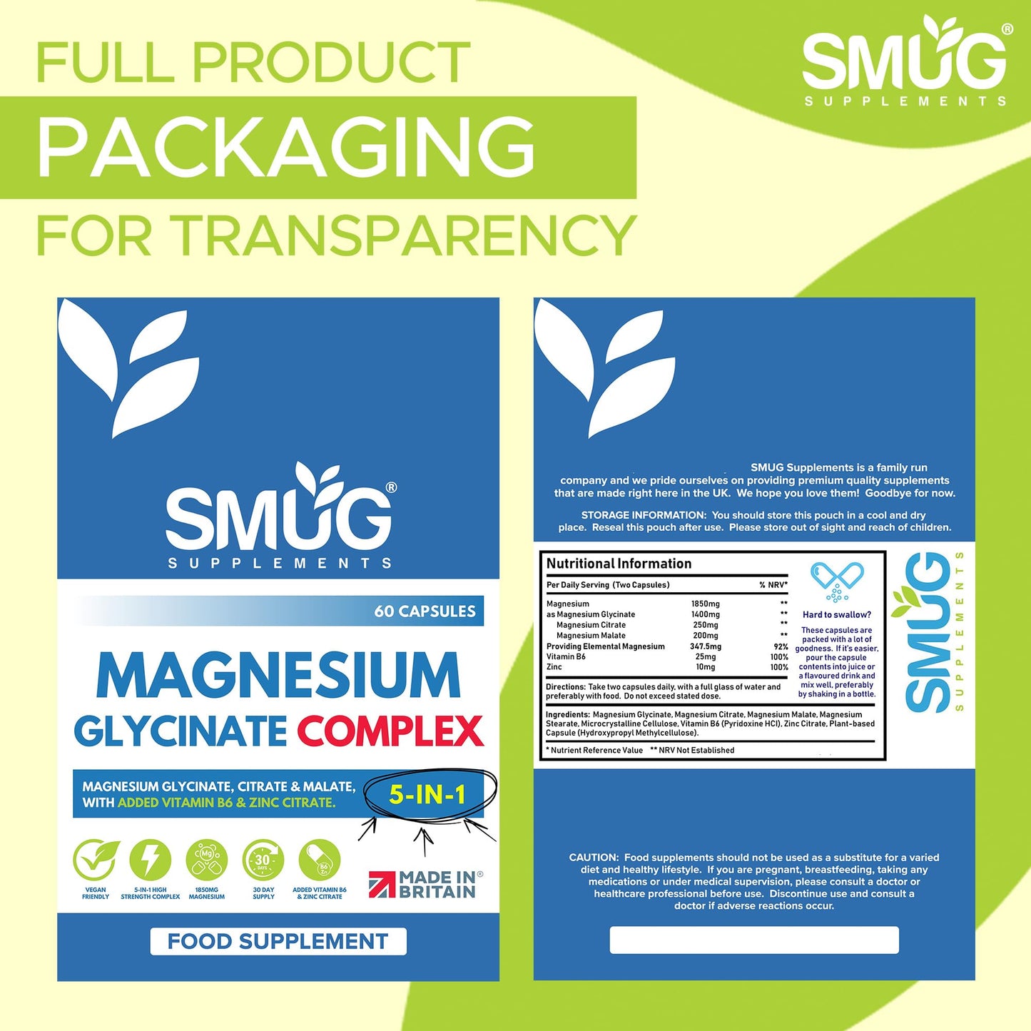 Magnesium Glycinate Complex British Made 5-in-1 by SMUG Supplements - 60 Capsules - Advanced Blend Combining Magnesium Glycinate, Citrate and Malate. with Added Vitamin B6 and Zinc.