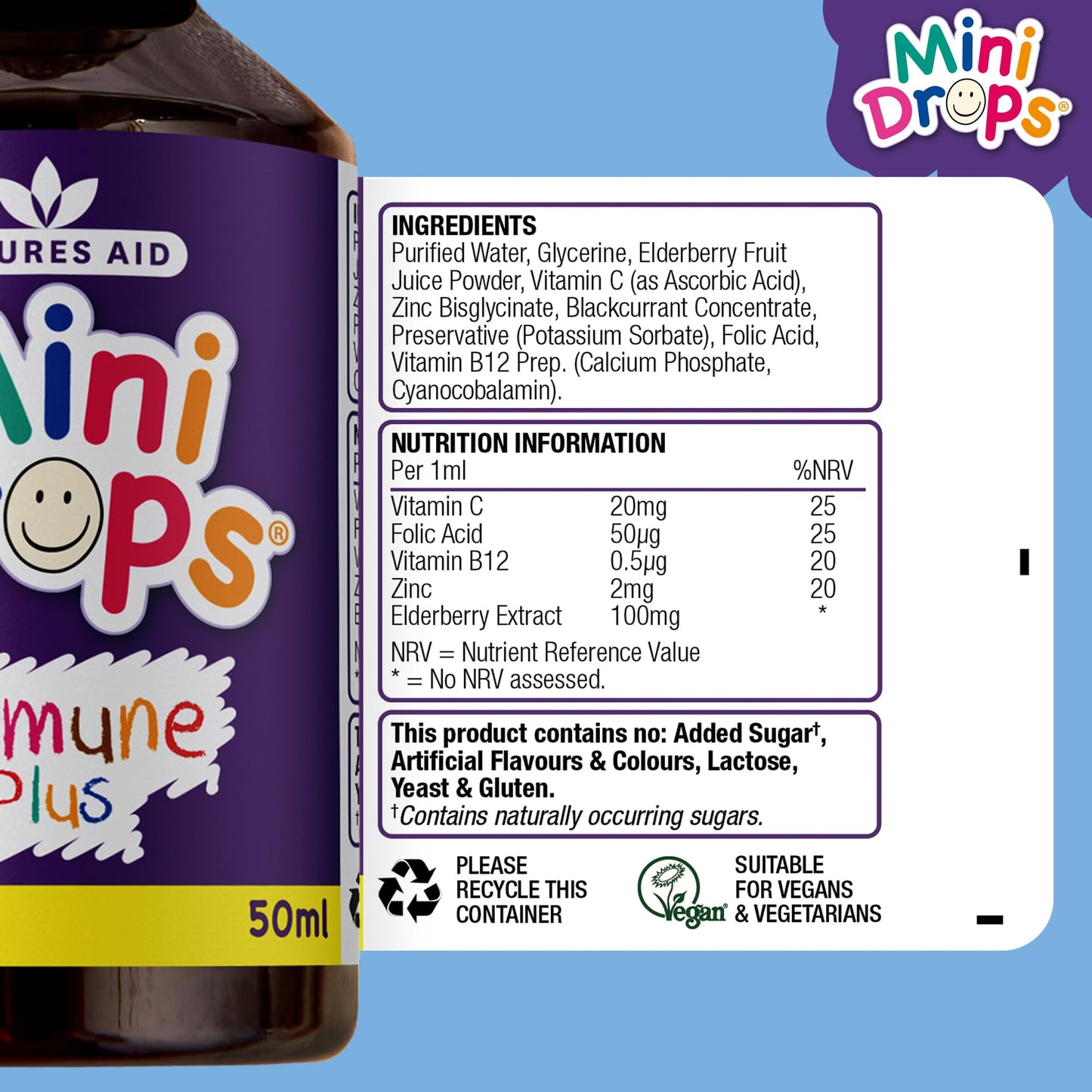 Natures Aid Mini Drops Immune Plus for Kids 50ml - Immune Support with Zinc and Vitamin C - Sugar Free, Vegan, Non-GMO, Natural Supplement for Infants and Children Age 0-5 Years Old - Dropper Included