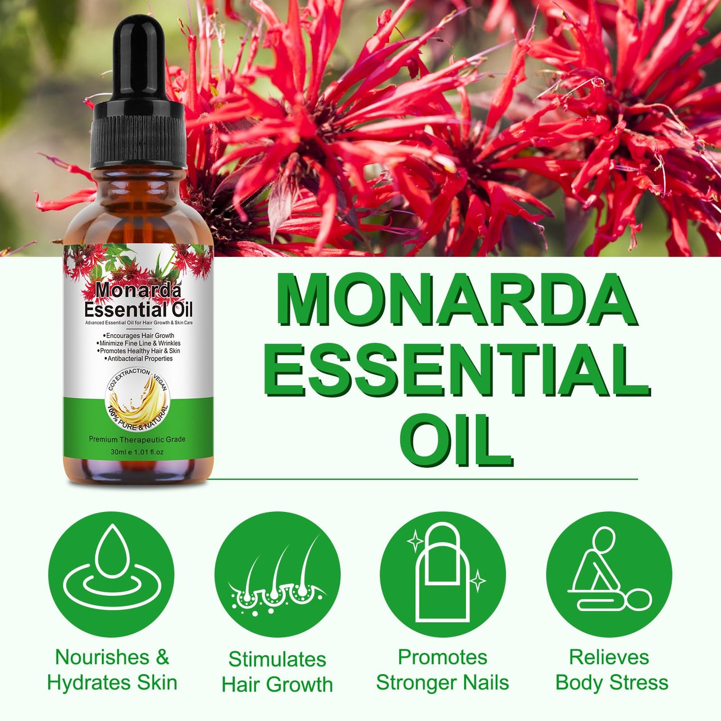 Monarda Essential Oil for Hair Growth,100% Pure & Natural Monarda Oil for Healthier Thicker Fuller Hair,Eliminate Hair Split Ends, Repairs Damaged Hair & Skin For Men & Women 60ml