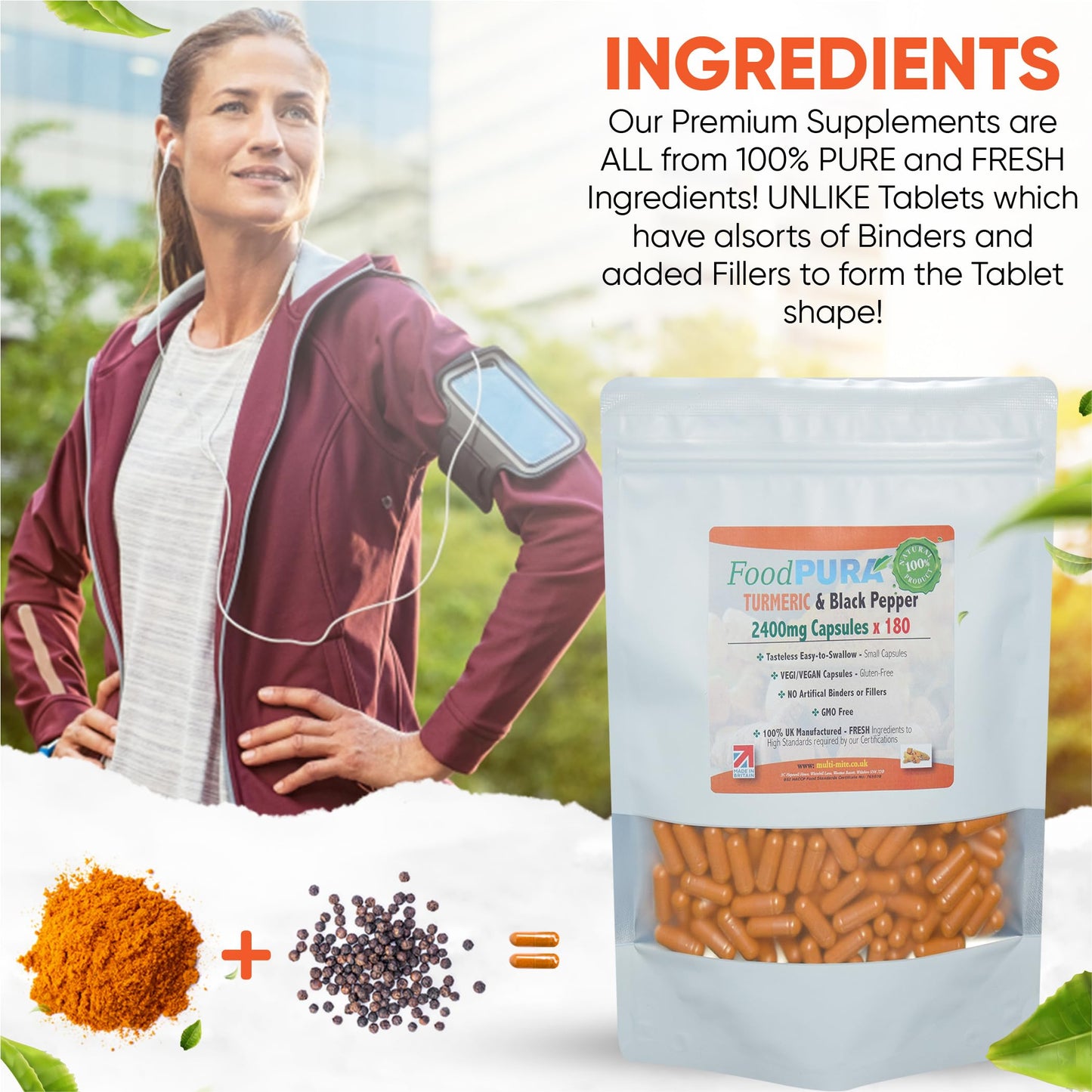 FoodPURA Turmeric with Black Pepper Capsules High Strength 2400mg HACCP Certified, Manufactured in The UK by FoodPURA 1 Pack of 180 Capsules