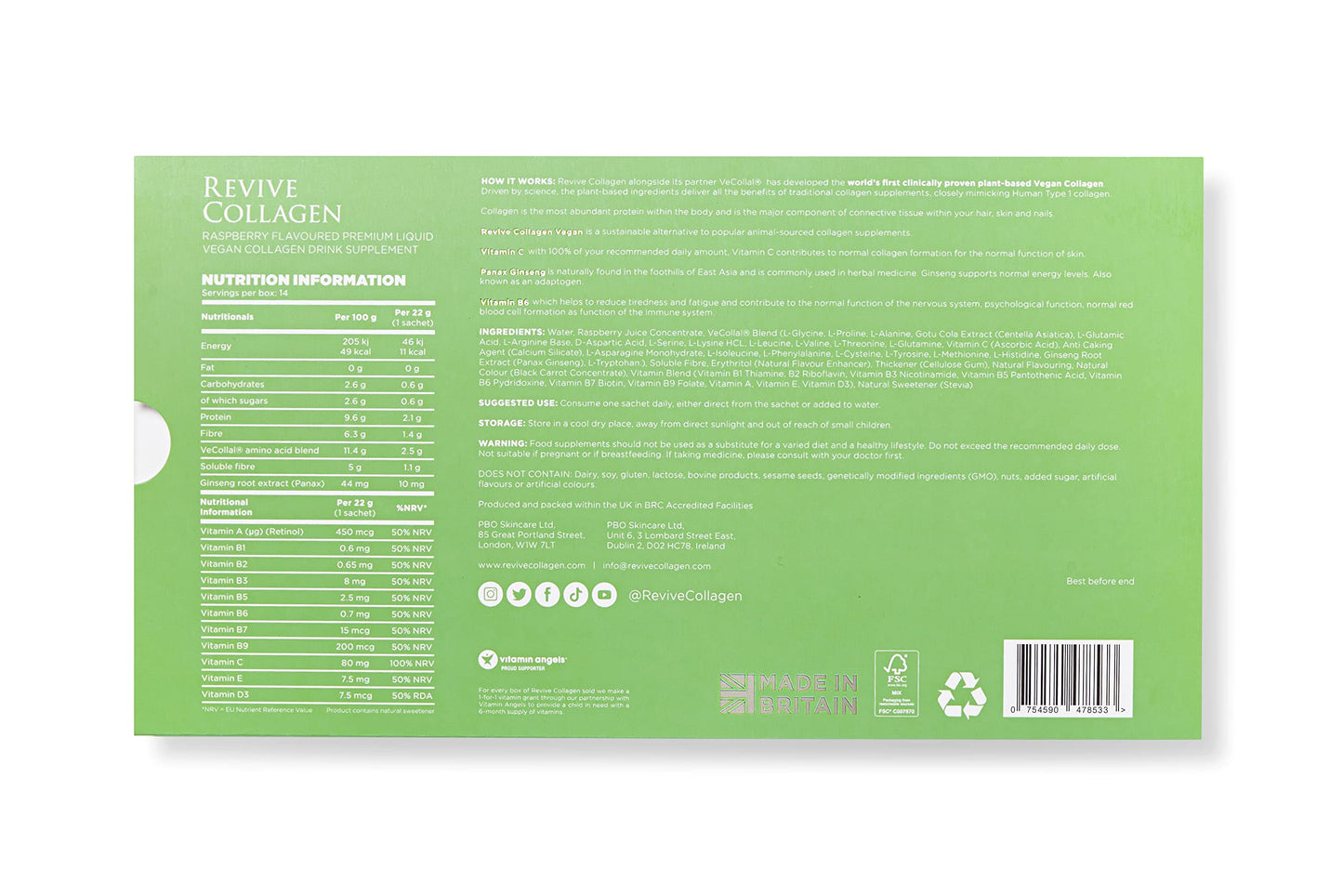 Revive Collagen 2500mg Plant Based Vegan Collagen with Added Vitamin B, C, D & E, Improved Skin, Hair & Nails | Raspberry Flavour | 14 Days