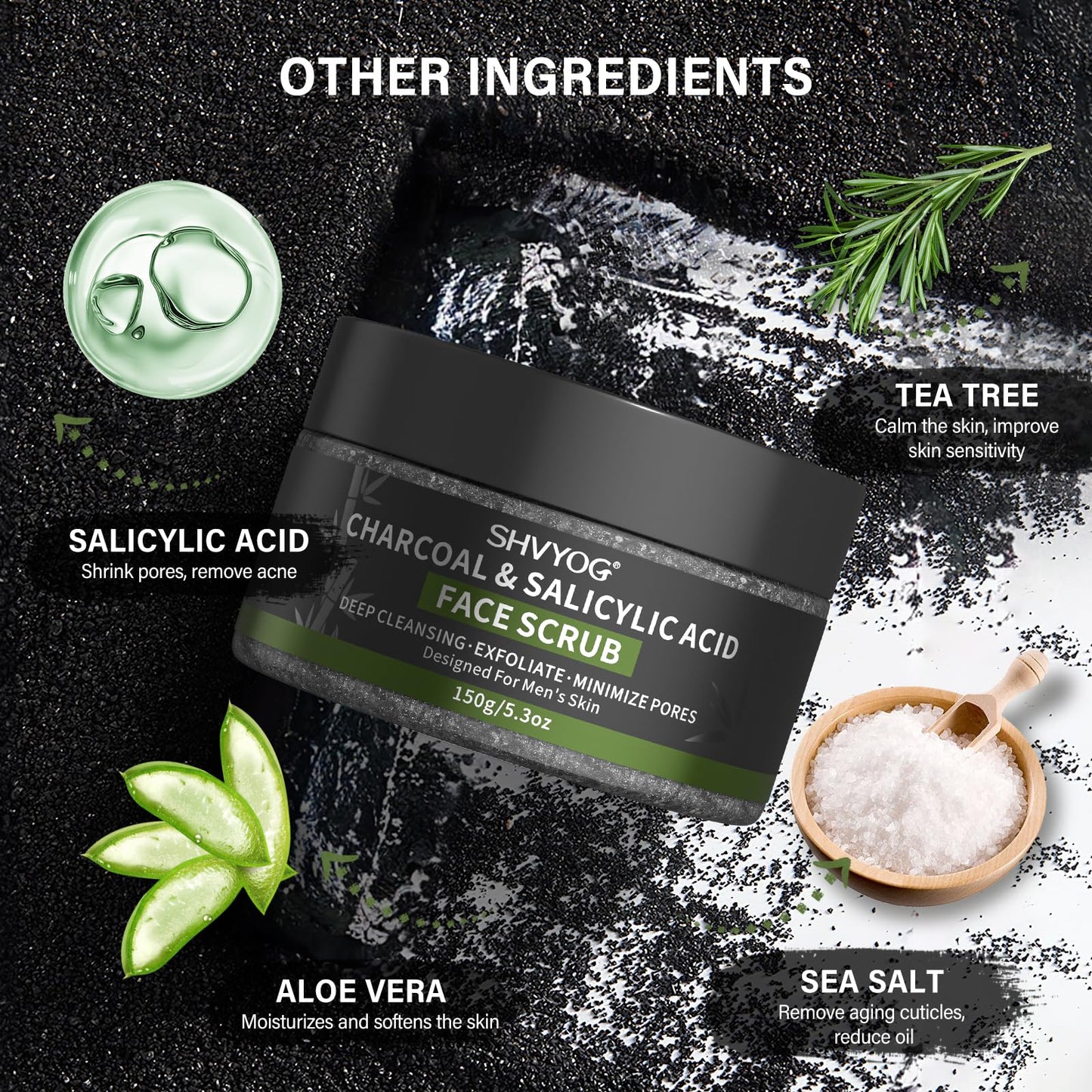 SHVYOG Men's Face Scrub, Bamboo Charcoal Salicylic Acid Face Exfoliant, Facial Peeling Improves Blackheads, Acne, Clogged Pores, Cleansing Oil Control, Pre-shave Care for Men, with Facial Cleansing Brush