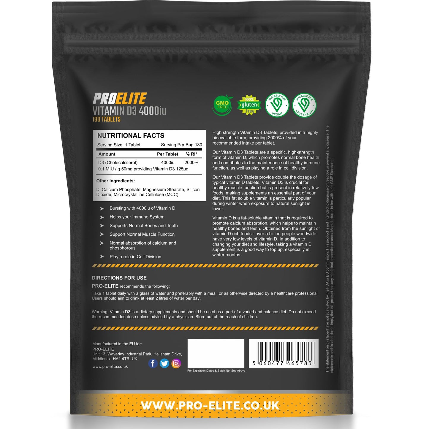 PROELITE Vitamin D3 4000 iu - Vitamin D Tablets - 180 Tablets - Vegan - Vitamin D Supplements - Immune System Booster - Made in The UK - Gluten Free