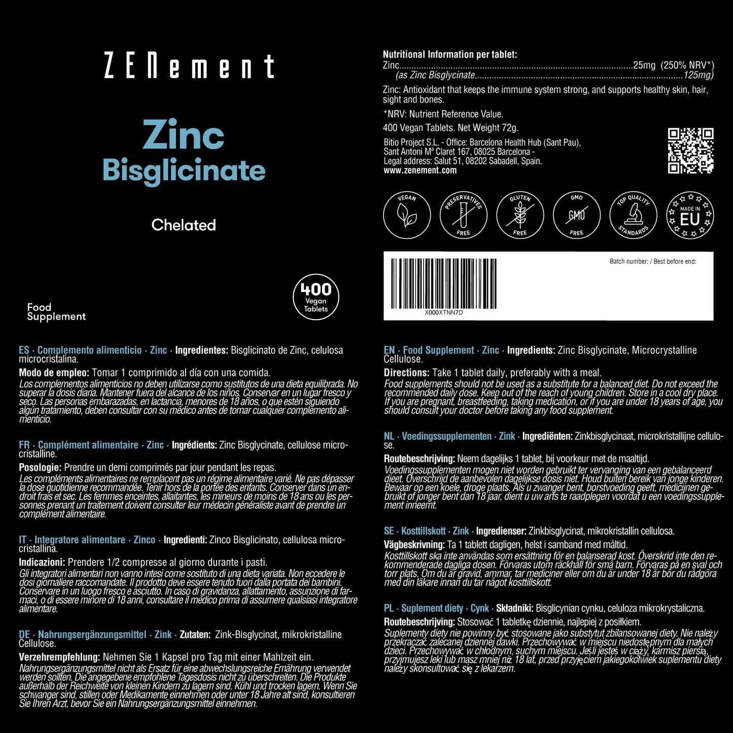 Zinc, 25mg (Bisglycinate), 400 Tablets | Chelated | Antioxidant, Supports The Immune System, Skin, Hair and Eyesight | Vegan | Zenement