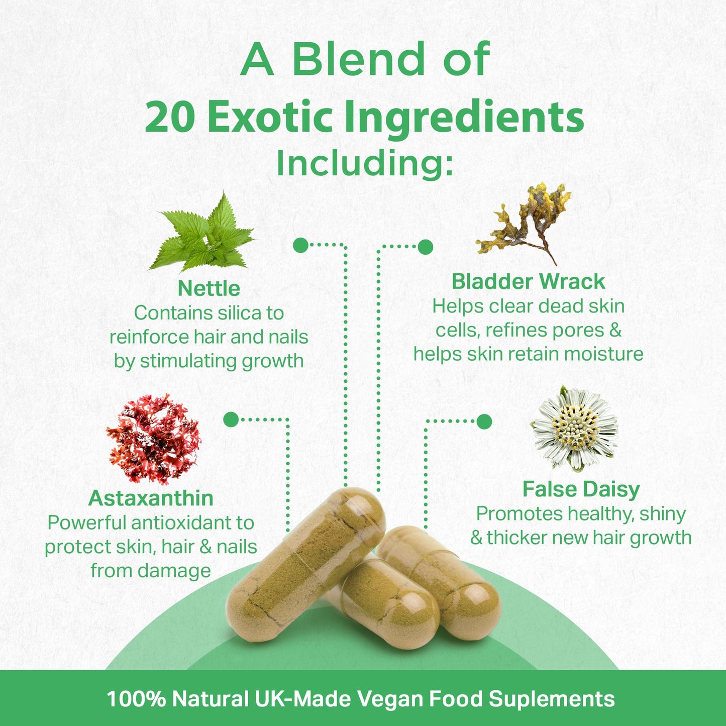 STRENGTH & SPICES100% Natural Vegan Food Supplements Strength & Spices Hair, Skin & Nails 100% Natural Supplement – 20 Ingredients w Biotin Selenium & Zinc - 60 Vegan UK Made 1000mg Capsules – Hair & Nails Growth, Collagen Formation