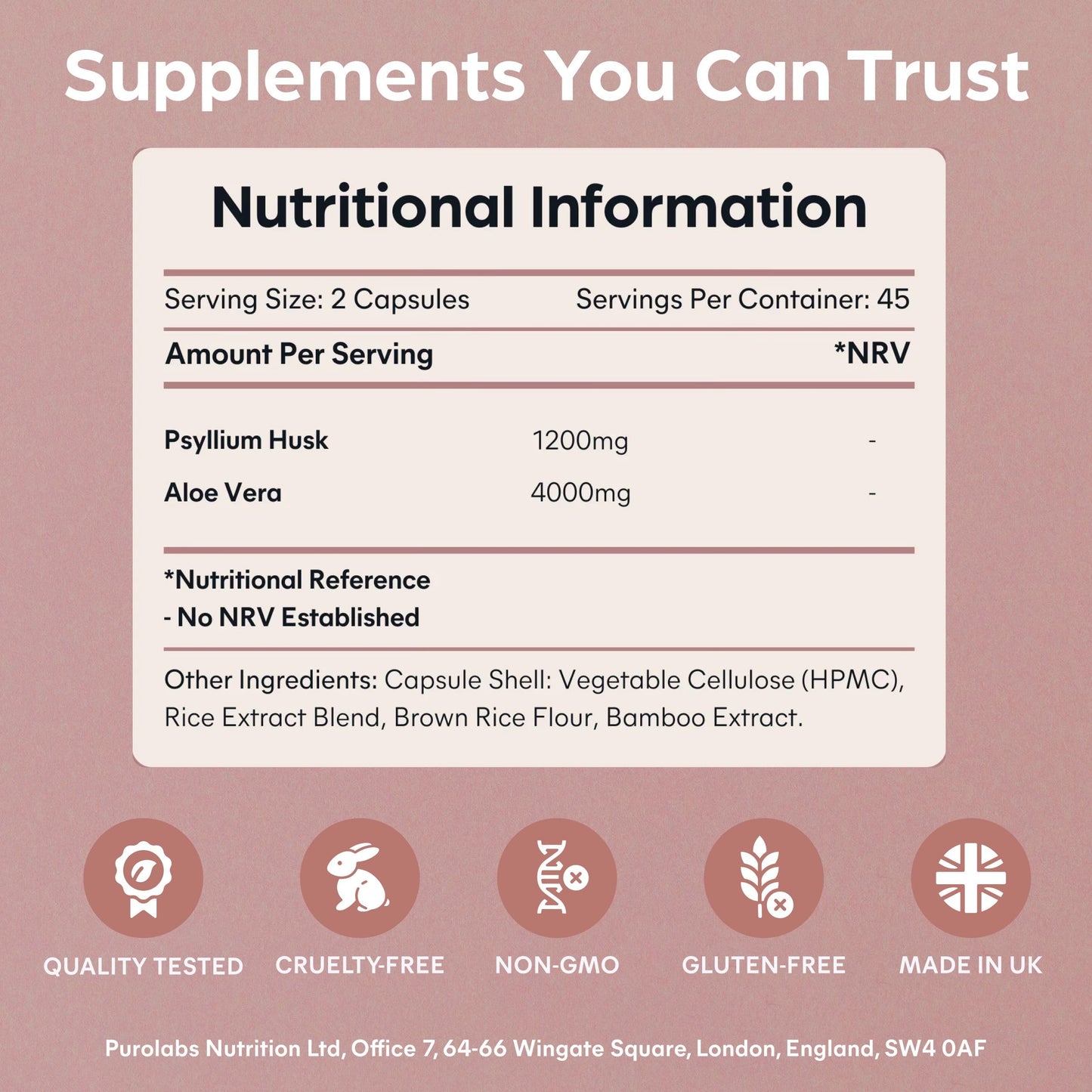 Purolabs Psyllium Husk Complex - High Purity 99.9% Fibre Supplement with Aloe Vera - Natural Digestive Support - Gut Health & Bowel Regularity - 90 Capsules