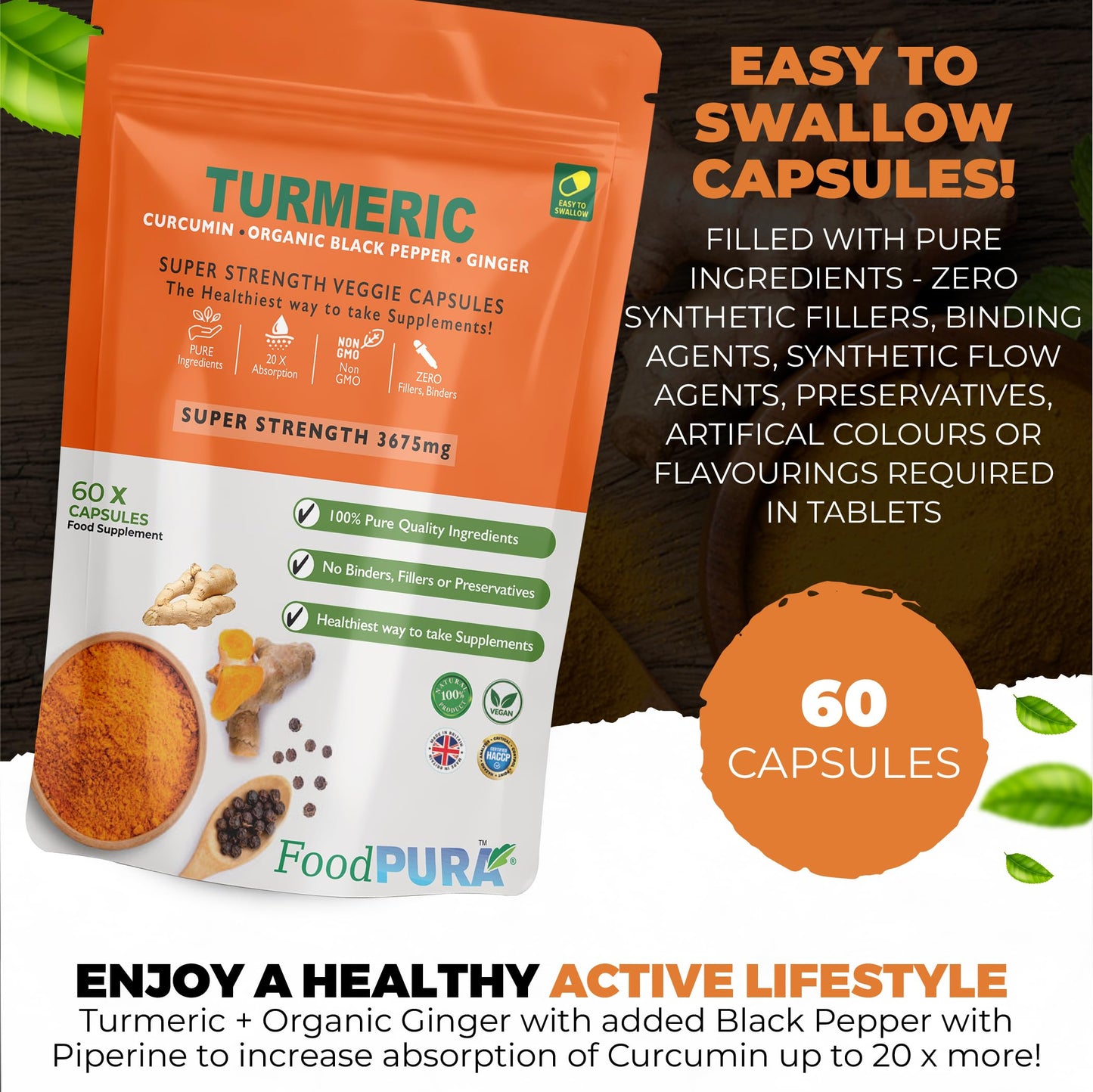 FoodPURA Turmeric Curcumin Capsules with Black Pepper & Ginger High Strength 3675mg HACCP Certified, Manufactured in The UK by FoodPURA (60)