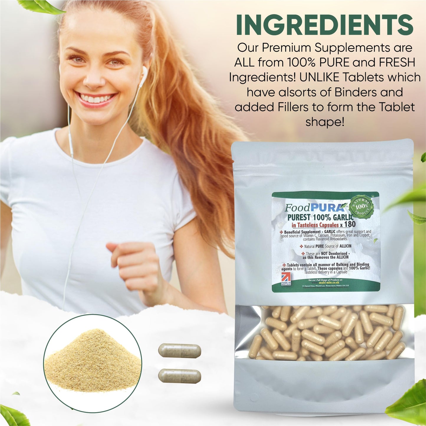 FoodPURA Pure Garlic Capsules Recommended Daily Strength 1000mg HACCP Certified, Manufactured in The UK by FoodPURA 1 Pack of 180 Capsules