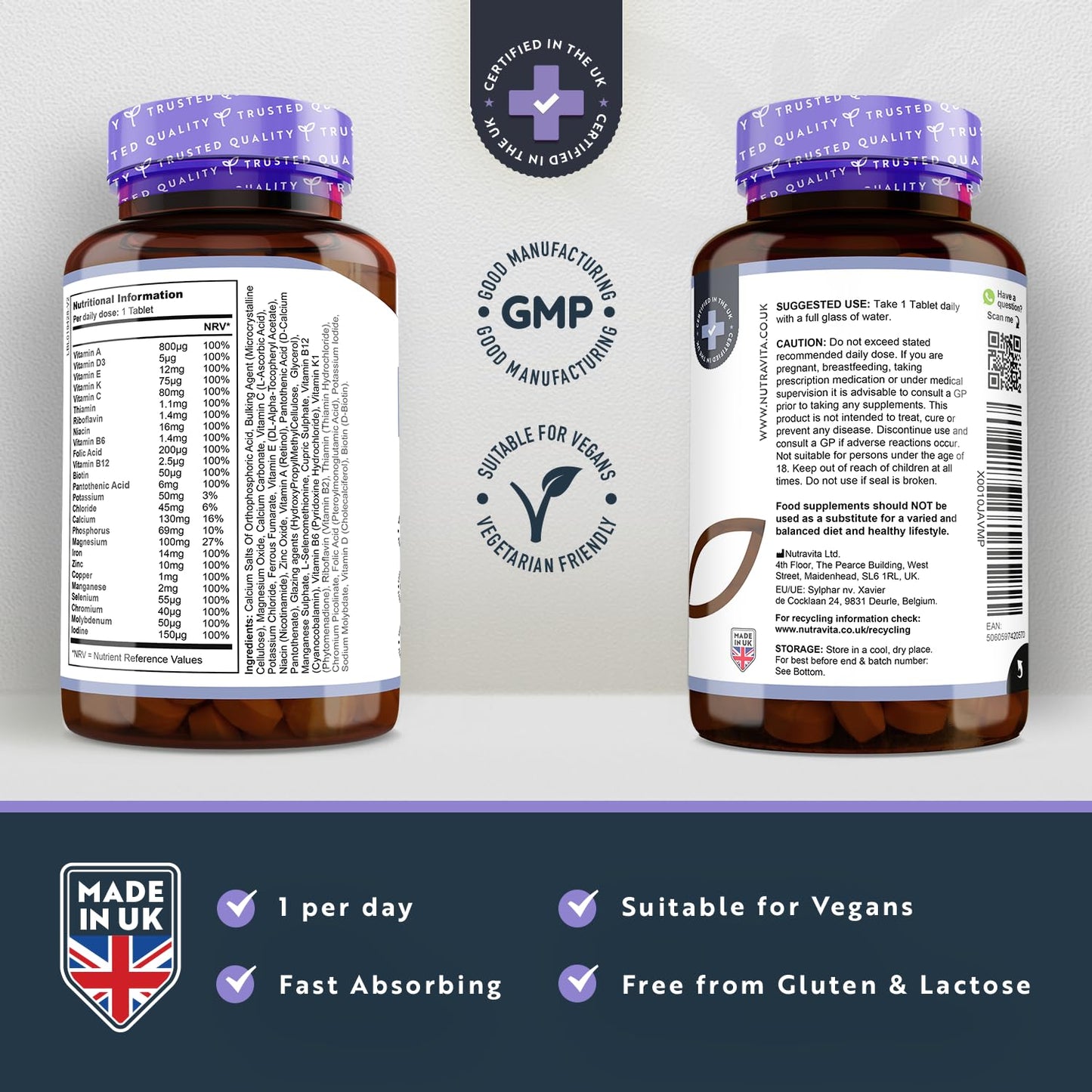 Multivitamins & Minerals - 365 Vegan Multivitamin Tablets - 1 Year Supply - Multivitamin Tablets for Men and Women with 26 Essential Active Vitamins & Minerals - Made in The UK by Nutravita