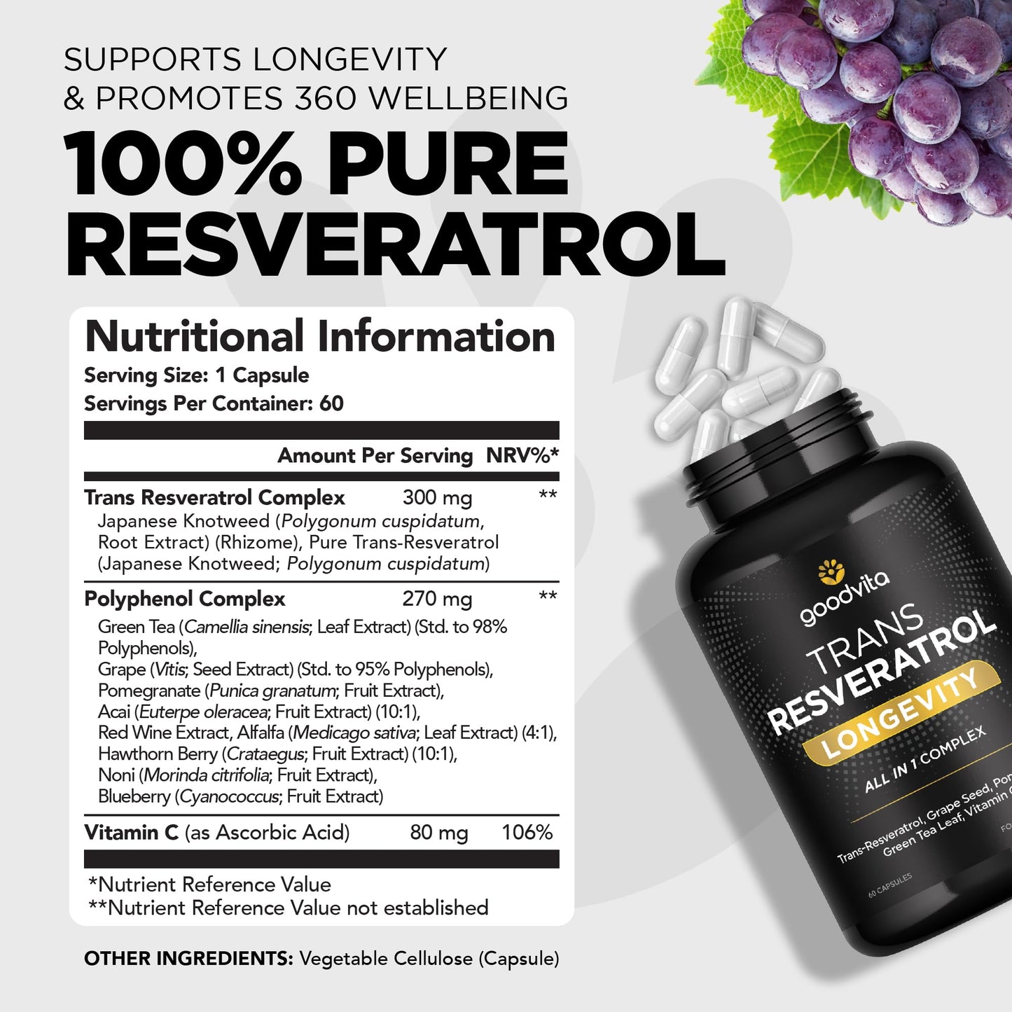 Trans Resveratrol Supplement 650mg | UK Made | 60 Capsules, 2 Month Supply | Antioxidant, Anti-Aging, Immune, Joint Support | Grape Skin, Pomegranate, Vitamin C | Rich in Polyphenols | Goodvita