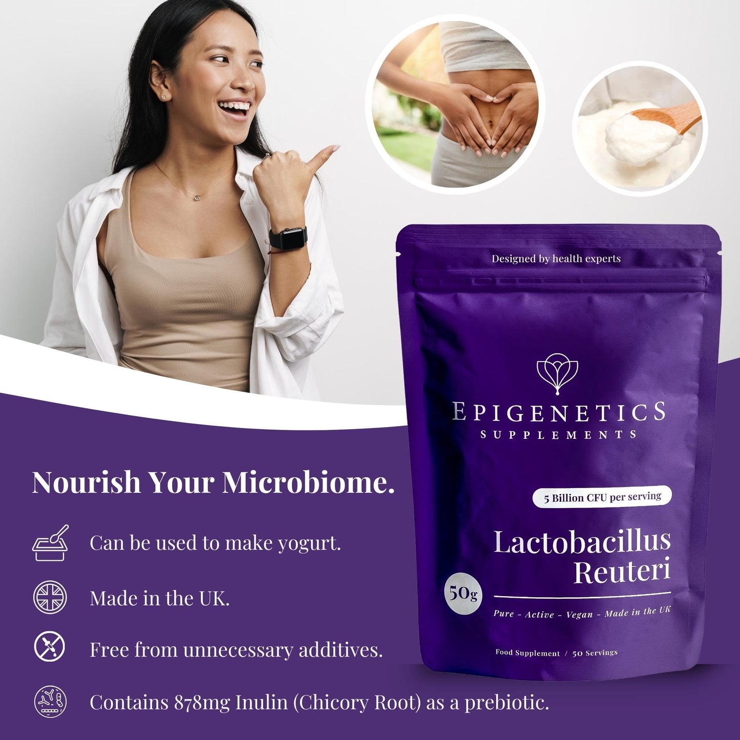 Lactobacillus Reuteri 50g | Yoghurt Starter Culture Kit | 5 Billion CFU Probiotic + Chicory Root Prebiotic (Inulin) | Vegan Friendly Powder UK Made | 1g Daily (50 Servings)