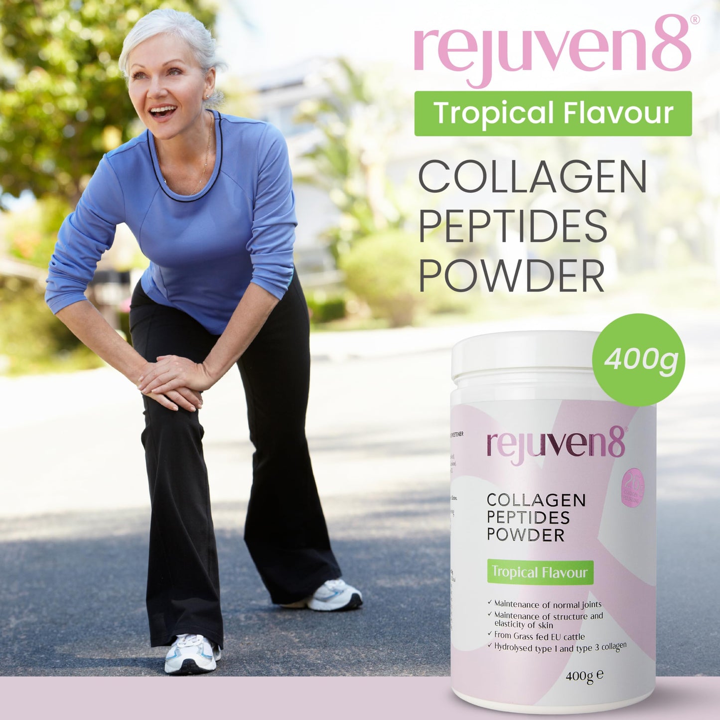 Rejuven8 Collagen Peptides Powder - 400g Tropical Flavour - 26g of Collagen and 24g of Protein Per Serving - Grass Fed Bovine Collagen Powder for Women & Men - Protein Collagen Powder