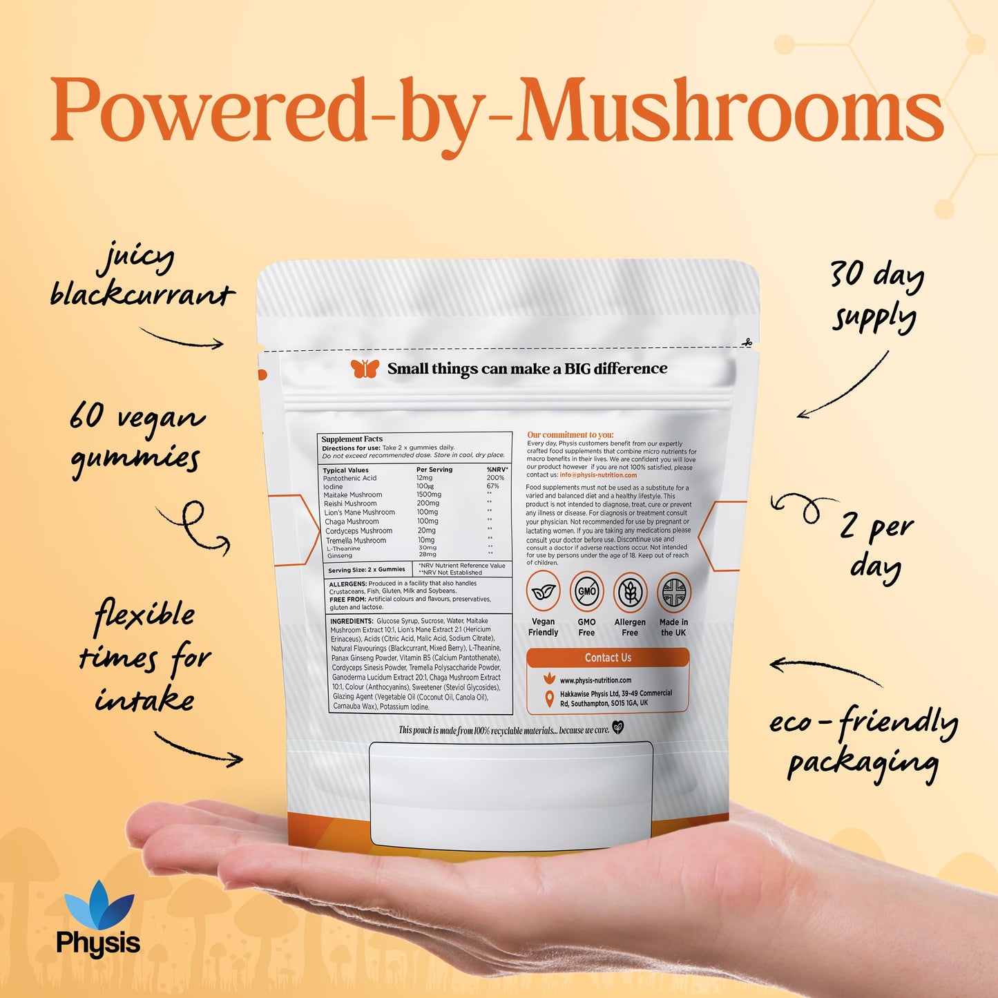 Physis Mushroom Gummies Complex+ | Lions Mane Supplement with Cordyceps & Nootropics | High Strength | 60 x Juicy Blackcurrant Chewables | 1 Month Supply | Neuro-Support | Focus & Attention