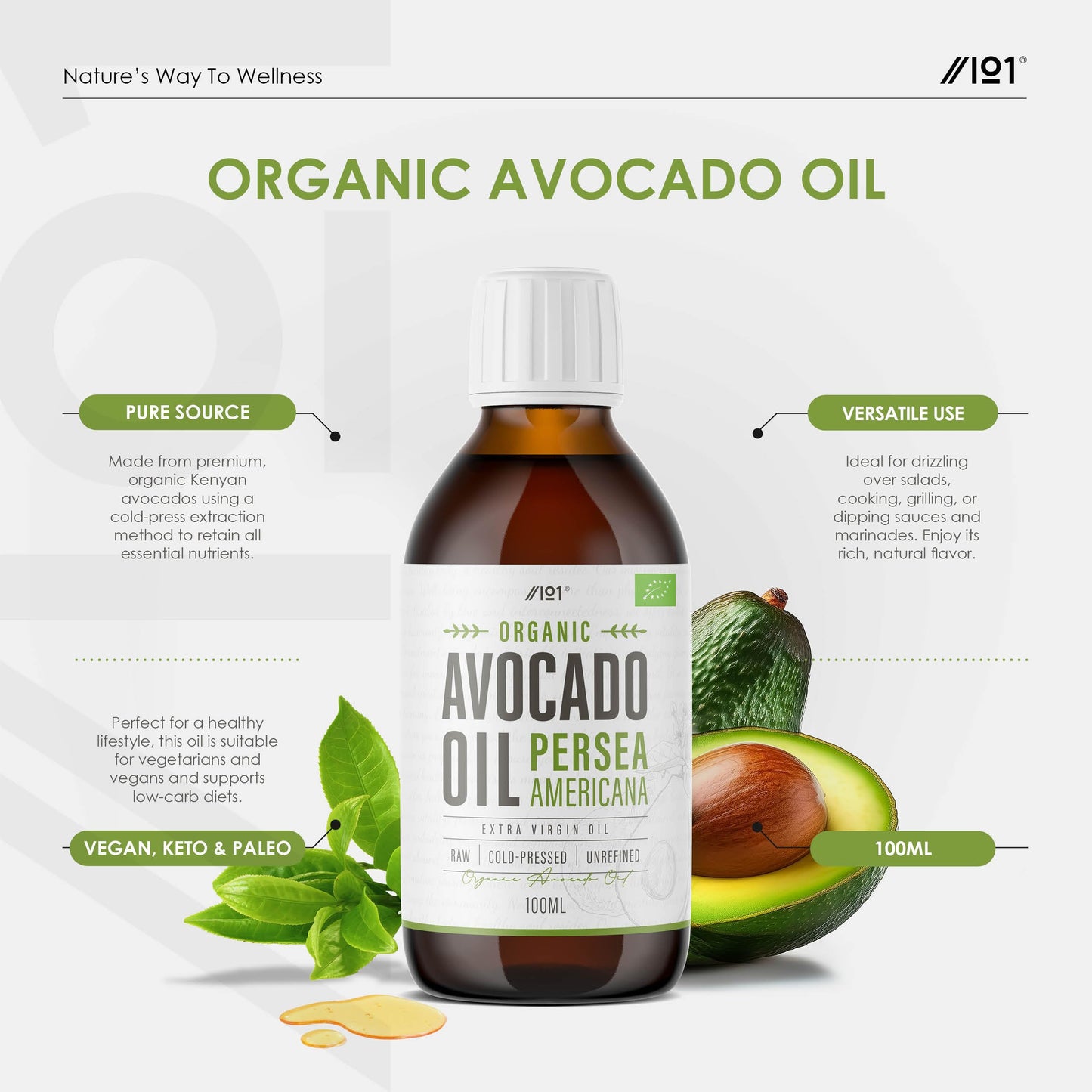 ALPHA01 Organic Avocado Oil 100ml - Extra Virgin & Cold Pressed Premium Avocado Oil ~ Sustainably Sourced ~ for Keto, Paleo & Vegan Diets – By Alpha01