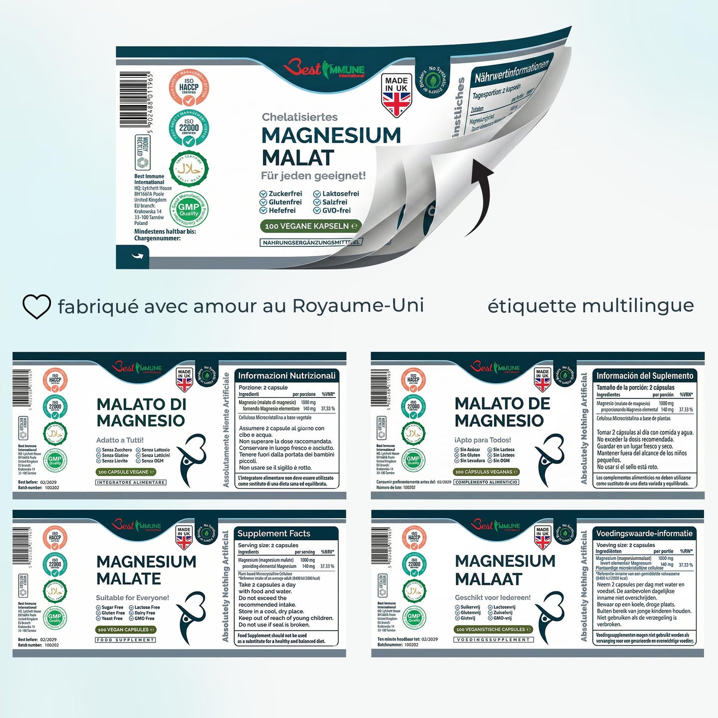 Best Immune International Best Immune, Magnesium Malate 500mg – High Strength Supplement for Absorption and Energy Support – 100 Vegan Capsules