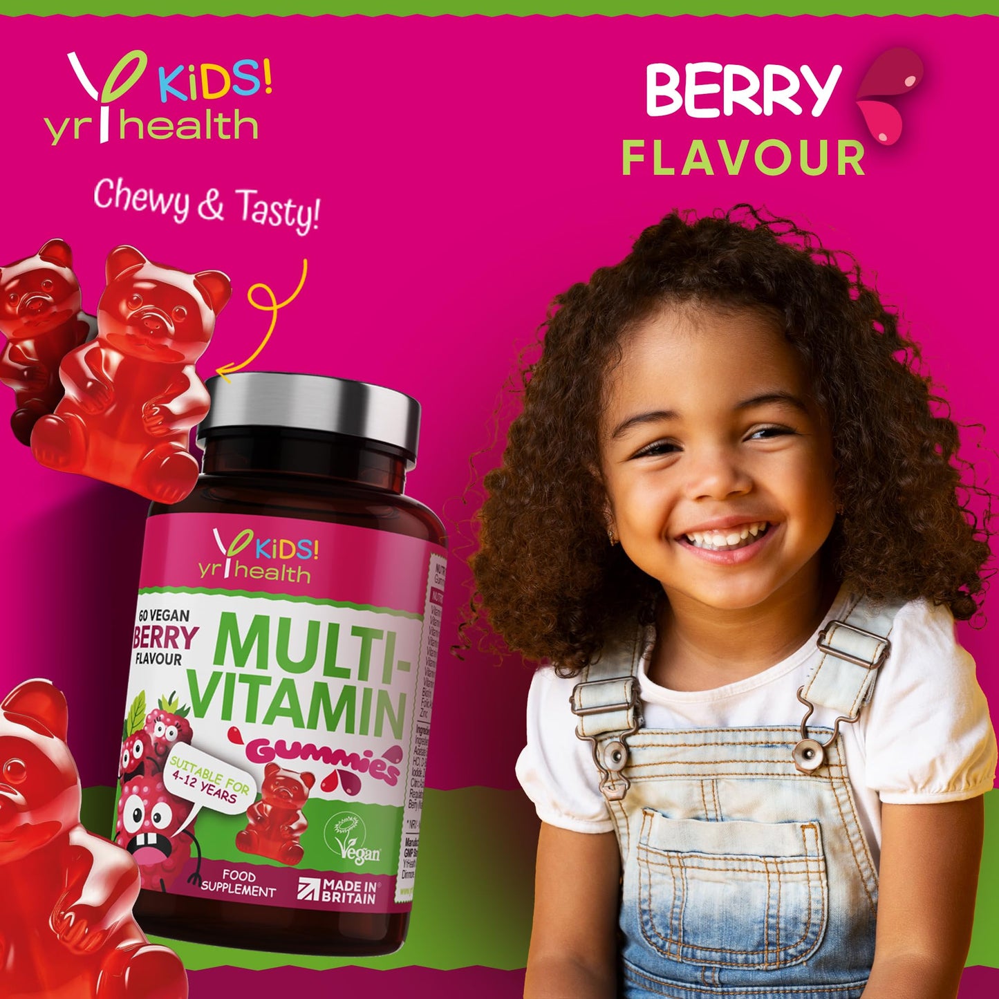 yrhealth Kids Multivitamin and Mineral Gummies - 60 Vegan Berry Flavour Chewable Gummies, Kids Vitamin Gummies for 4-12 Years - 2 Months Supply - Made in The UK by YrHealth