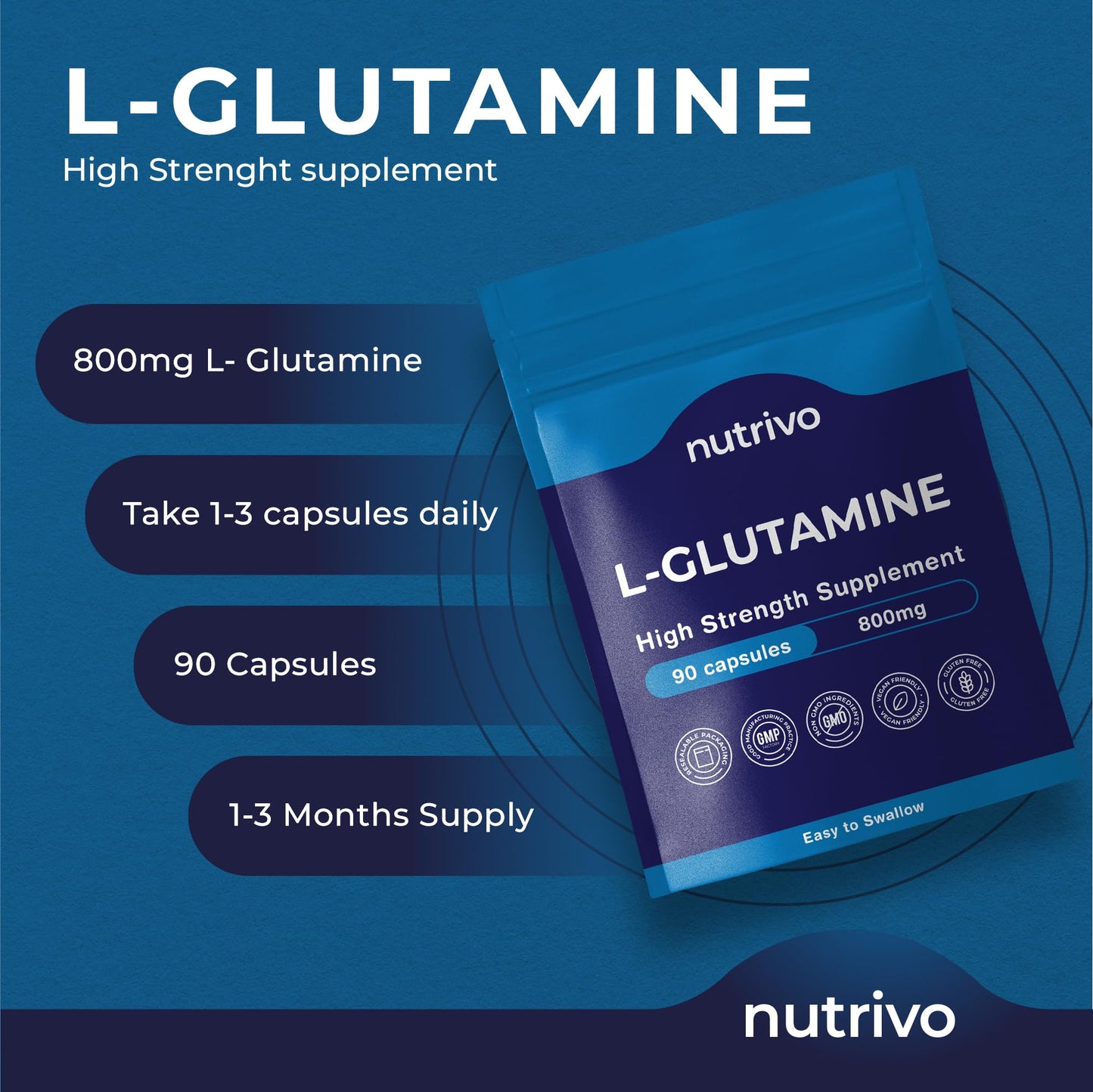 Nutrivo L-Glutamine 800mg Capsules | 90 Capsules Per Pouch | L-Glutamine Nutritional Supplements | Supports Muscle and Gut Health | Good Alternative to Powder and Tablets | Vegan & UK Made