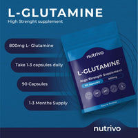 Nutrivo L-Glutamine 800mg Capsules | 90 Capsules Per Pouch | L-Glutamine Nutritional Supplements | Supports Muscle and Gut Health | Good Alternative to Powder and Tablets | Vegan & UK Made